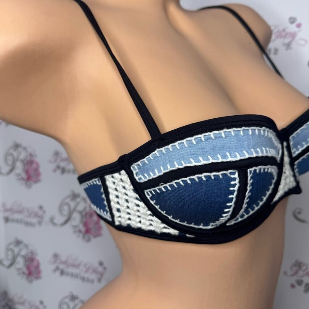 Triangl swimwear top bikini denim jean crochet blue navy cream snap back closure - Picture 9 of 14